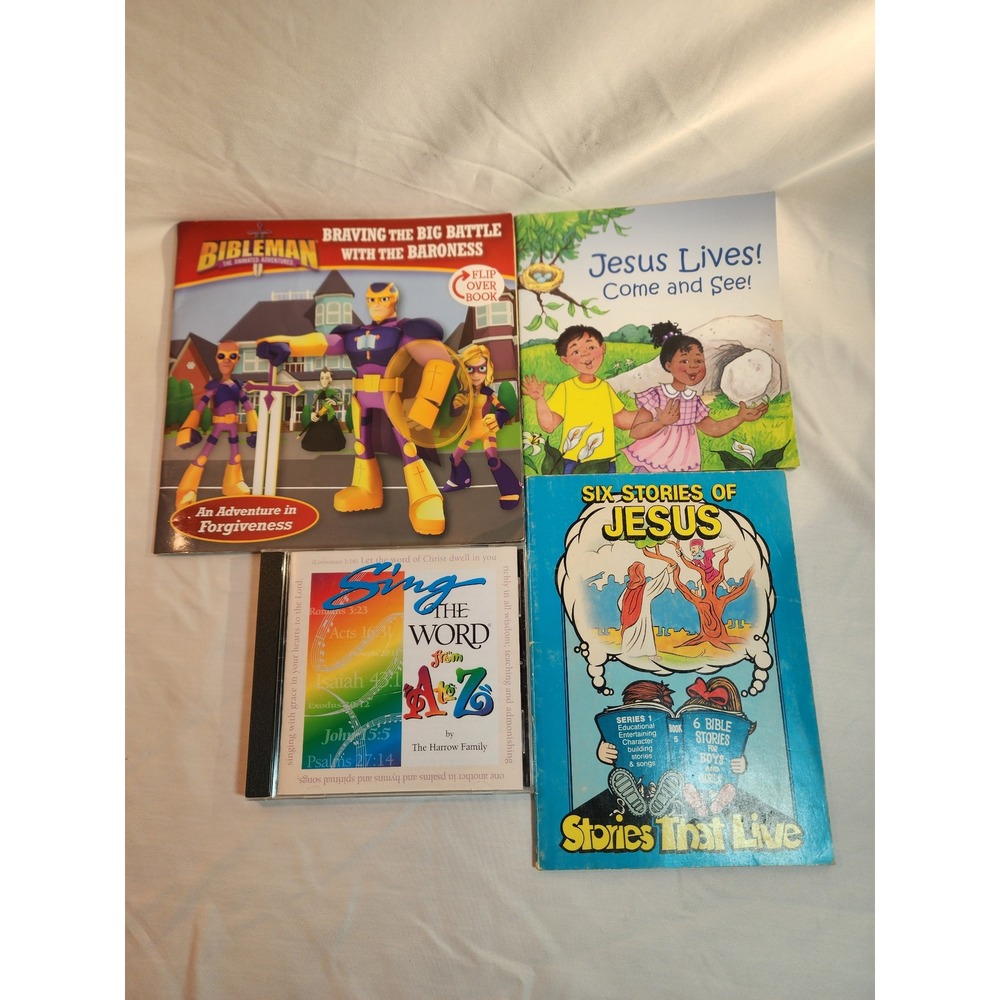 Christian Kids Book CD Lot Bibleman Jesus Lives Sing the Word A to‎ Z 4pc Bundle